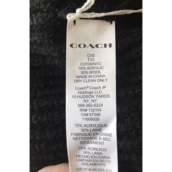COACH CO100001C CLASSIC BLACK RIBBED TONAL PATCH CUFF BEANIE ONE SIZE NWT - Picture 6 of 8
